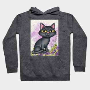 Cute black cat with purple background and flowers Hoodie